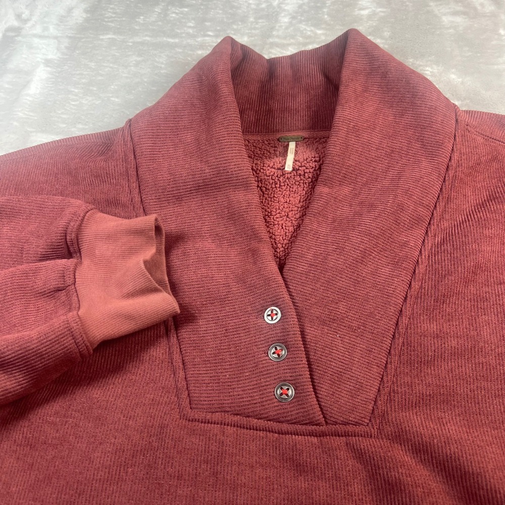 Free‎ People Women XL Pullover Burgundy Corduroy Sherpa Lined Collar Sweatshirt